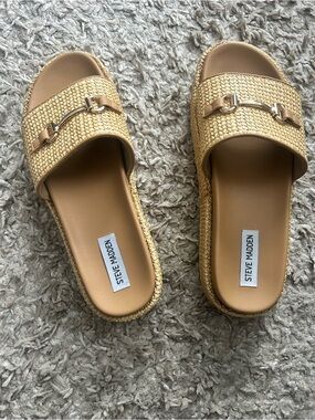 Steve Madden Tan Woven Slide Mules with Gold Bit